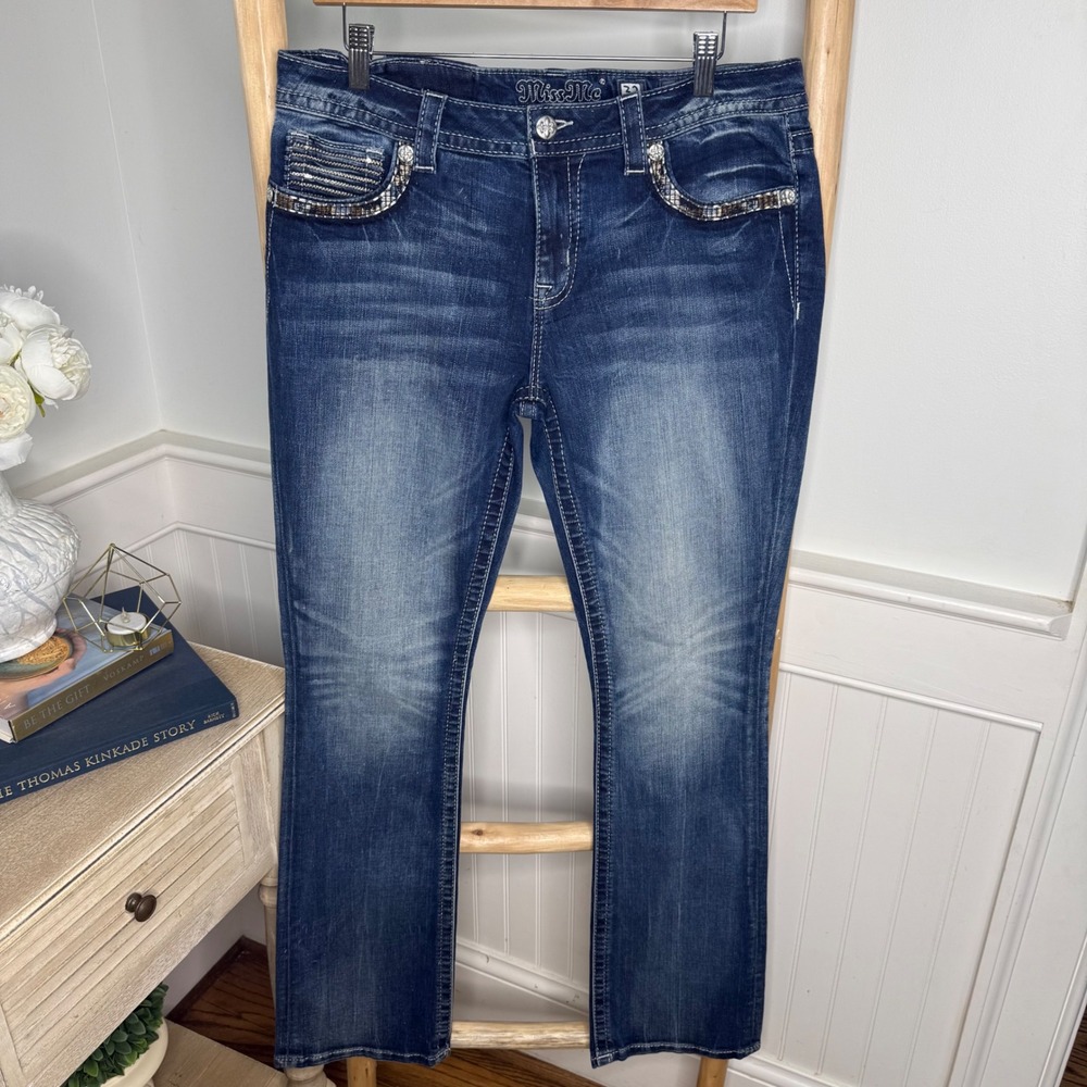 Miss Me Slim Boot Dark Wash Embellished Rhinestone Jeans Size 32x34